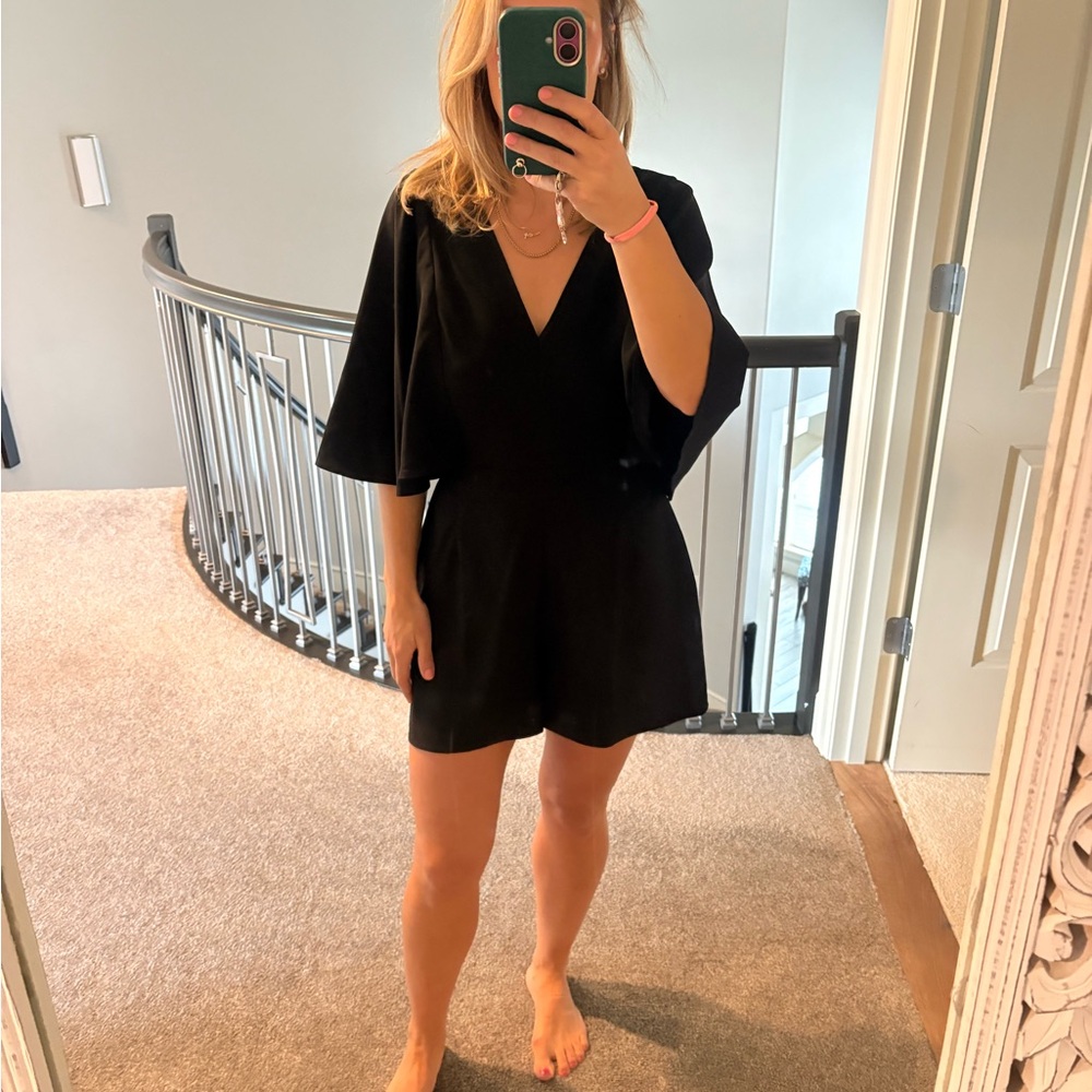 Leith Black V-Neck Short Romper with Back Zip